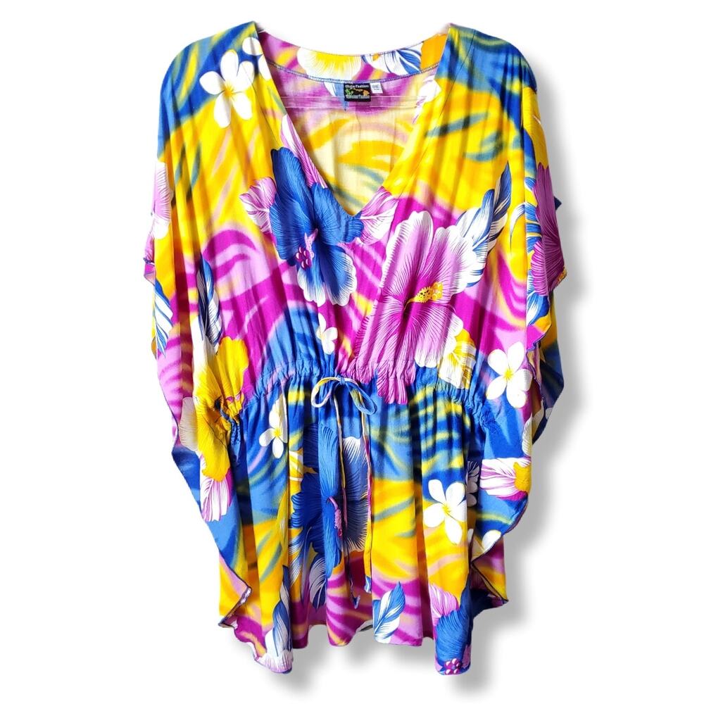 Women Aloha Fashion Colorful Hibiscus Floral Swim Cover Up OS Tropical Beach